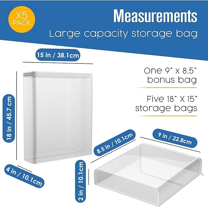 Houseables Sweater Bags Moth Proof, Clothing Storage Bags, with Zipper, Sweater Storage, Clear Zippered Organizers, Clothes, Blanket, Linen, Bedding, Quilt, Vinyl Plastic Protectors, 18x15x4”, 5 Pack.