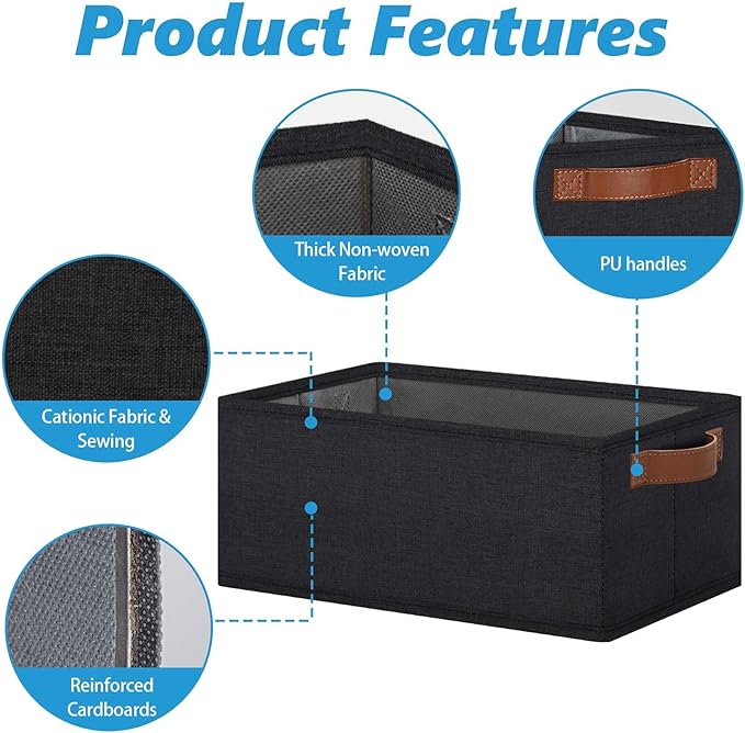 GhvyenntteS Small Fabric Storage Bins 6 Pack, 11.8" x 7.87" x 5.11" Storage Basket with Leather Handles, Closet Storage Bins for Shelves, Storage Baskets for Shelves, DVD Storage (Black)