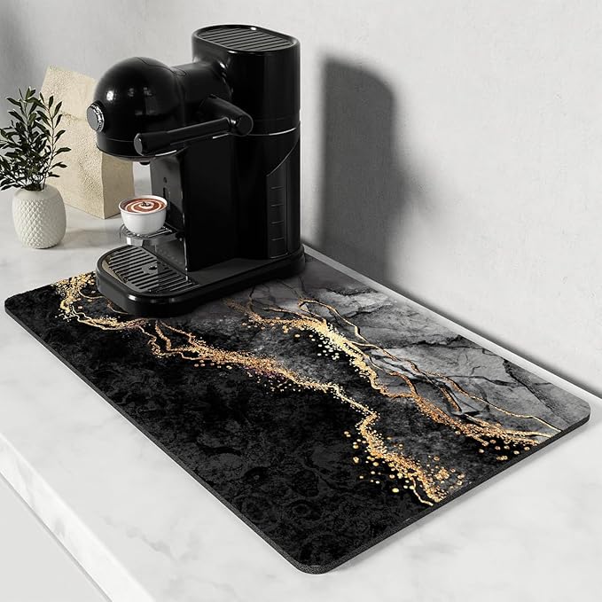 Dish Drying Mat for Kitchen Counter, Black Marble and Golden Veins Washable Absorbent Quick Dry Pad with Rubber Backing, Draining Mat for Dishes Coffee Table, 16" x 24"