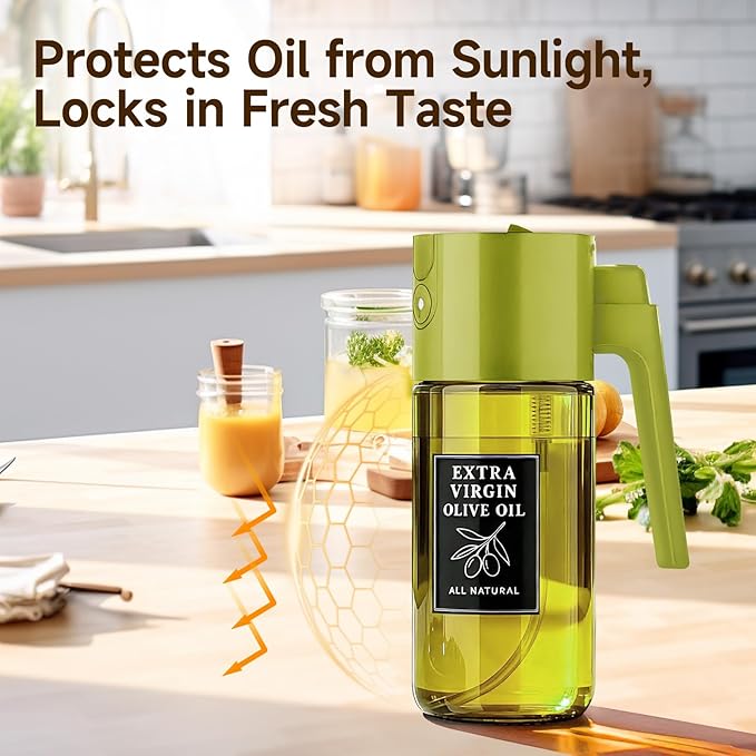 500ml Green Olive Oil Sprayer, Controlled Oil Glass Spray Bottle for Salad, Air Fryer Vegetables, Cooking, Refillable 2-in-1 Dispenser