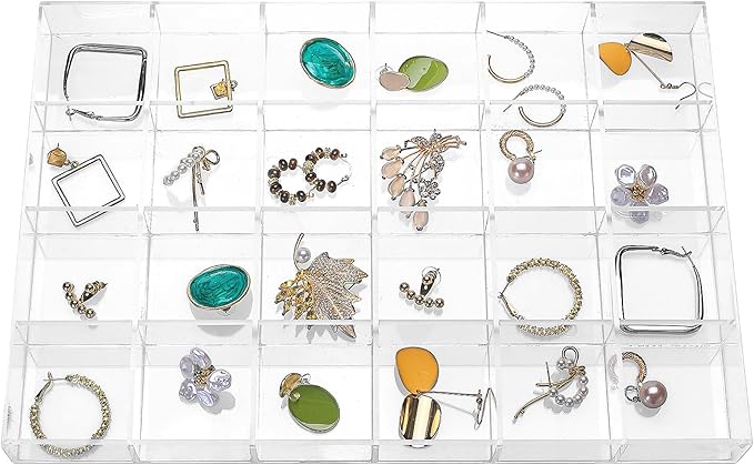 Large Clear Jewelry Organizer Display Tray, Storage Case for Rings, 24 Grids