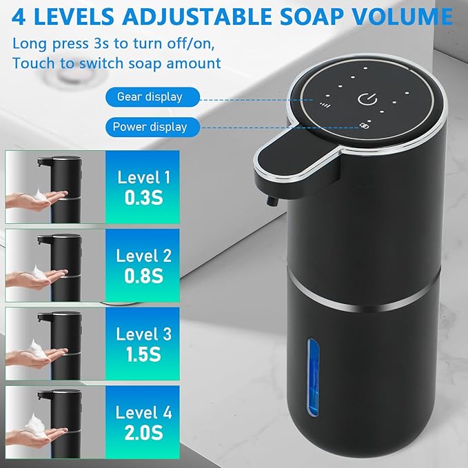 Automatic Soap Dispenser Touchless, USB Rechargeable Automatic Foaming Soap Dispenser, 12.8oz/380mL, 4 Level Adjustable, 1500mAh Smart Wall Mounted for Bathroom Kitchen Dish/Hand Soap