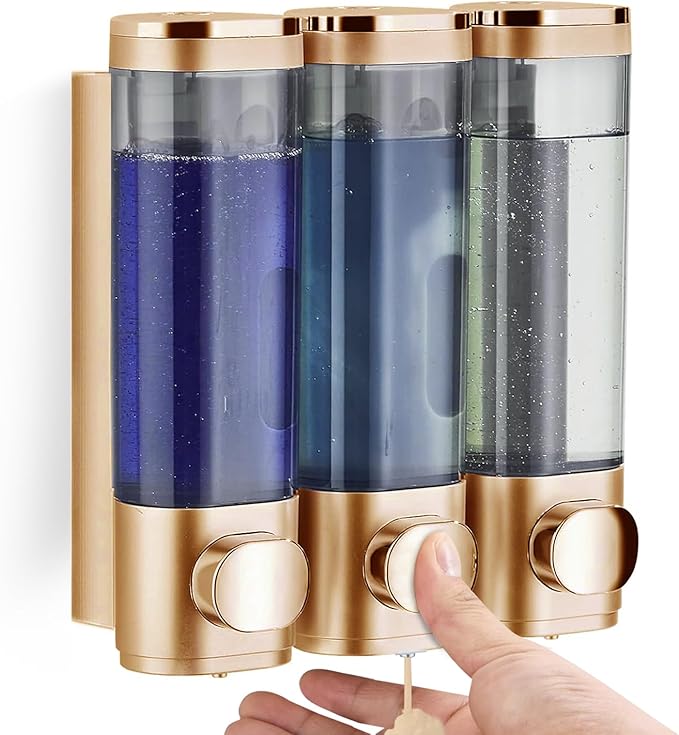 Shower Soap Dispenser Wall Mounted Shampoo and Conditioner Dispenser No Drill 3 Chamber Large Capacity for Bathroom Hotel, Gold
