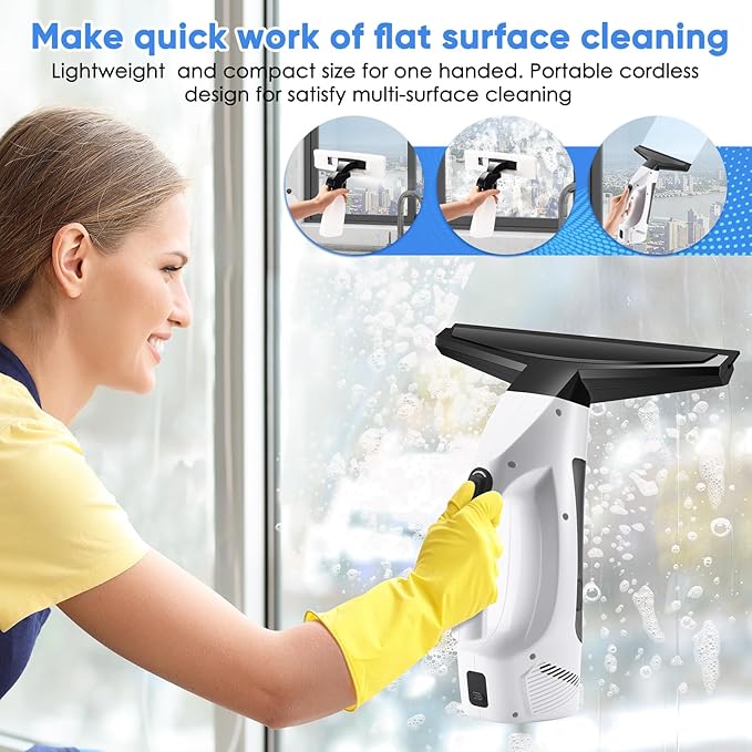 Window Vacuum Squeegee Cordless, Handheld Window Vac with Multi-Purpose Spray Bottle & Microfiber Cloth, Electric Cleaning Tool for Windows, Tiles