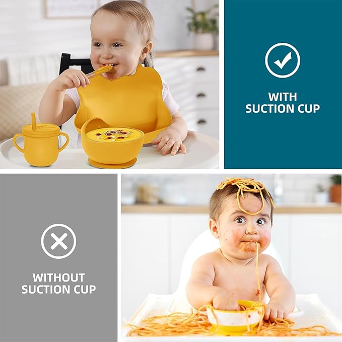 100% Silicone baby feeding set,BPA free Baby dishes set with Suction Bowl Divided Plate,Toddler Self Feeding Dish Set with Spoons Forks Sippy Cup And Bib, Baby Eating Utensils (Pumpkin)