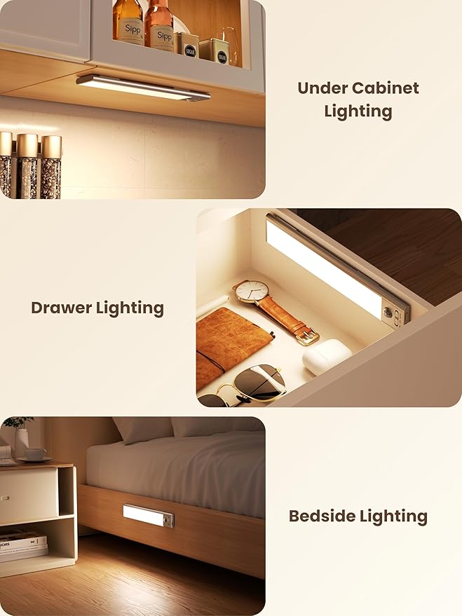 9 inch Under Cabinet Lighting, Cordless USB Rechargeable Motion Sensor Closet Light Indoor, Magnetic Adhesive LED Lights, Peel and Stick Light Bar for Counter, Shelf, Stairs, Pantry (2 Pack)