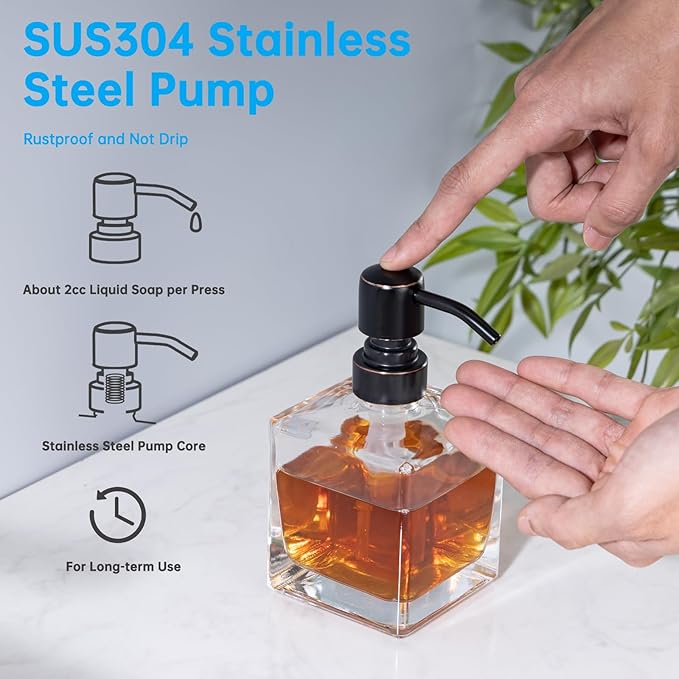 Square Bathroom Soap Dispenser Oil Rubbed Bronze, Glass Bottles with Stainless Steel Pump Retangle Cube Liquid Soap Dispenser Hand Kitchen with Waterproof Lables