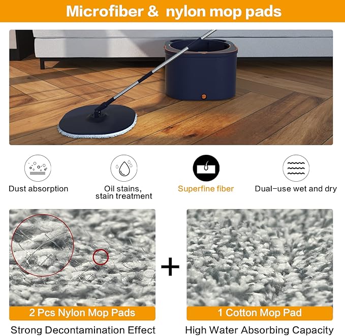 Flat Floor Mop and Bucket System Set with Wringer, Spin Mop and Bucket Separate Clean and Dirty Water with Self Separation for Hardwood, Laminate, Tile, Floor Cleaning, Wet and Dry Use, Navy Blue