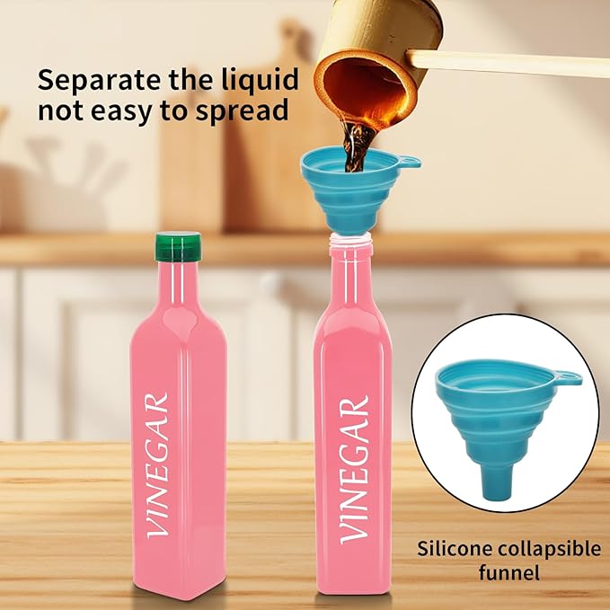 1 Pc 17oz Olive Dispenser Bottle,500ml Glass Oil and Vinegar Dispenser Set with 1 Stainless Steel Pourers,Funnel Bottles for Kitchen (Pink Vinegar)