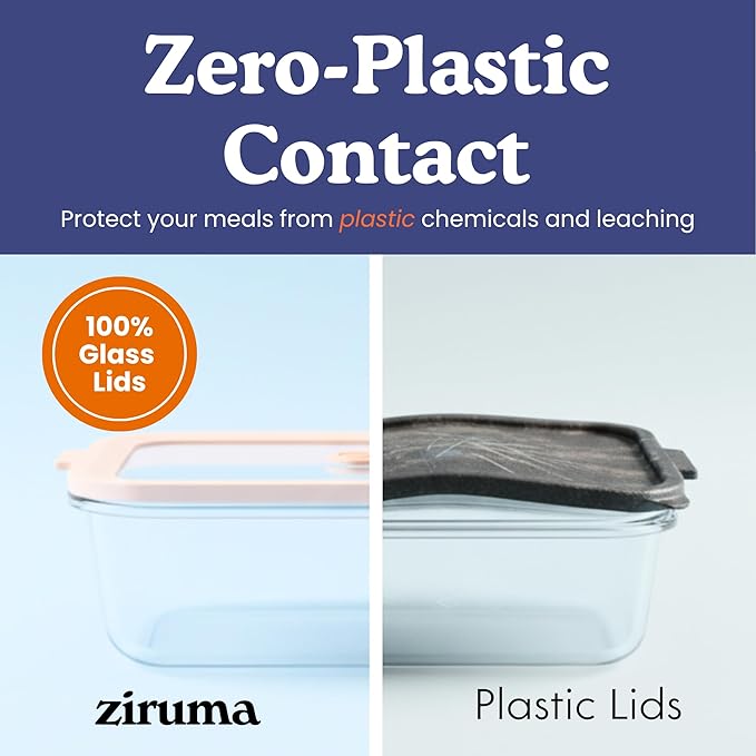 Ziruma Non-Toxic 1.5 cup Glass Food Storage Containers with Lids - Overnight Oats, Plastic Free Meal Prep, Reusable, Airtight, Microwave and Freezer Safe, 4 Pack