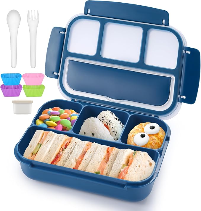 QQKO Bento Box Adult Lunch Box, Lunch Containers for Adults Men Women, Kids Lunch Boxes for School with 4 Compartments, Sauce Container