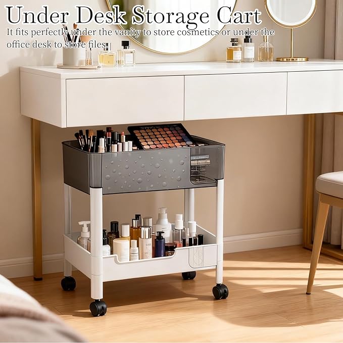 2 Tier Rolling Cart with Wheels for Under Desk Storage, Heavy Duty Plastic Short Small Utility Cart for Small Space Bathroom Vanity Makeup Organizer Pantry, 4.7'' Deep Baskets for Tall Bottles