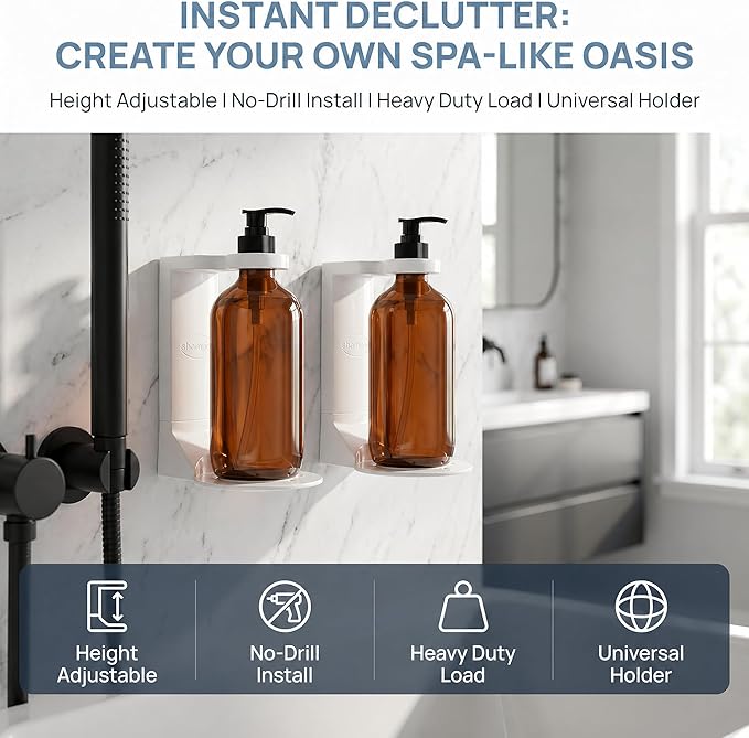 No Drill Shampoo & Conditioner Holders 2 Pack Adhesive Wall Mount Hand Soap Holder for Pump Bottle, 11LB Weight Capacity Fit Large Lotion Bottle