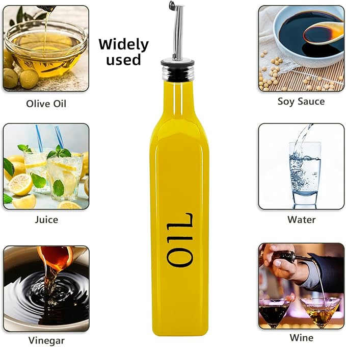 1 Pc 17oz Olive Dispenser Bottle,500ml Glass Oil and Vinegar Dispenser Set with 1 Stainless Steel Pourers,Funnel Bottles for Kitchen (Yellow Oil)
