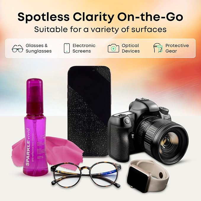 Sparkle Vivid Anti-Reflective Safe Lens Cleaner Spray Kit - (2) 2oz Glasses Cleaner Spray & (2) Microfiber Cloth for Eyeglasses, Sunglasses, Lenses