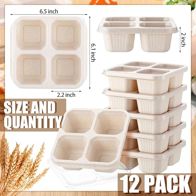Ziliny 12 Pcs 4 Divided Compartments Snack Containers Bento Wheat Straw Snack Box with Lid Reusable Meal Prep Lunch Box Food Storage Containers for Adults Christmas Travel Work Gifts(Beige)