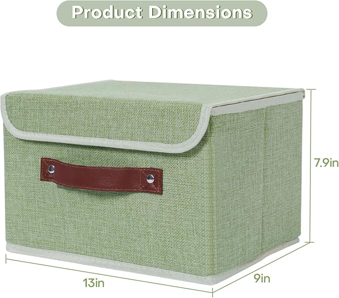 ANMINY Storage Bin with Lid Storage Boxes with PU Leather Handles PP Plastic Board Decorative Foldable Lidded Cotton Linen Fabric Home Cubes Baskets