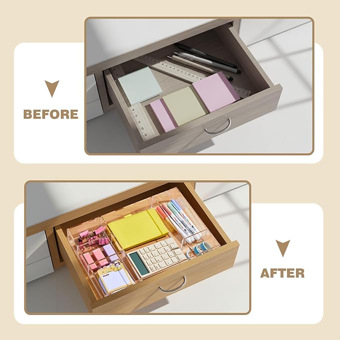 Briwooody Acrylic Drawer Organizer Clear Desk Drawer Organizer Trays with Adjustable Compartments Desk Accessories for Office Stationery Makeup