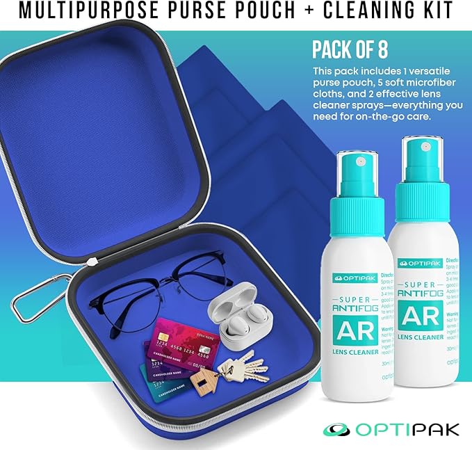 Anti Fog Lens Cleaner Spray Kit | (2x) 1oz Anti Fog Glasses Cleaner Bottles + (1x) Multipurpose Pouch + (5x) Microfiber Cloths for Eyeglasses, Mirror