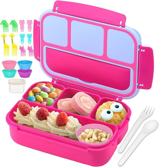 QQKO Bento Box for Kids Adults, School Toddler Lunch Box for Boys Girls, Lunch Box Containers with 4 Compartments, Sauce Container, Utensils