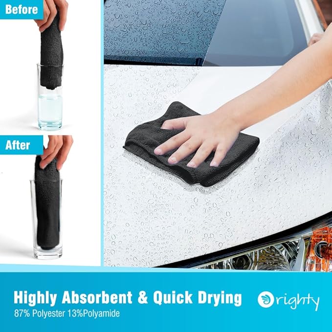 Orighty Microfiber Cleaning Cloth, 12 Pack Microfiber Towels for Cars, Highly Absorbent Car Cleaning Supplies, Lint Free Cloths Clean Rags for Car Care, House, Kitchen, 12x12 inch, Black