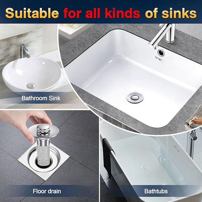 Bathroom Sink Drain Strainer, Pop Up Sink Drain Filter with Removable Stainless Steel Filter Basket Hair Catcher, Bathroom Sink Drain Stopper