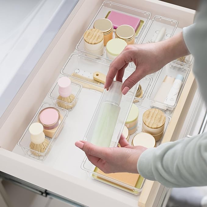 SpaceHacks 15 PCS Clear Plastic Drawer Organizer Set, 4-Size Acrylic Drawer Storage Trays, Storage Bins for Makeup, Gadgets, and Jewelry in Bathroom, Bedroom and Office, Clear