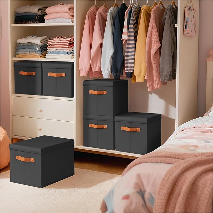 Storage Bins with Lids, Fabric Storage Baskets for Shelves, Black