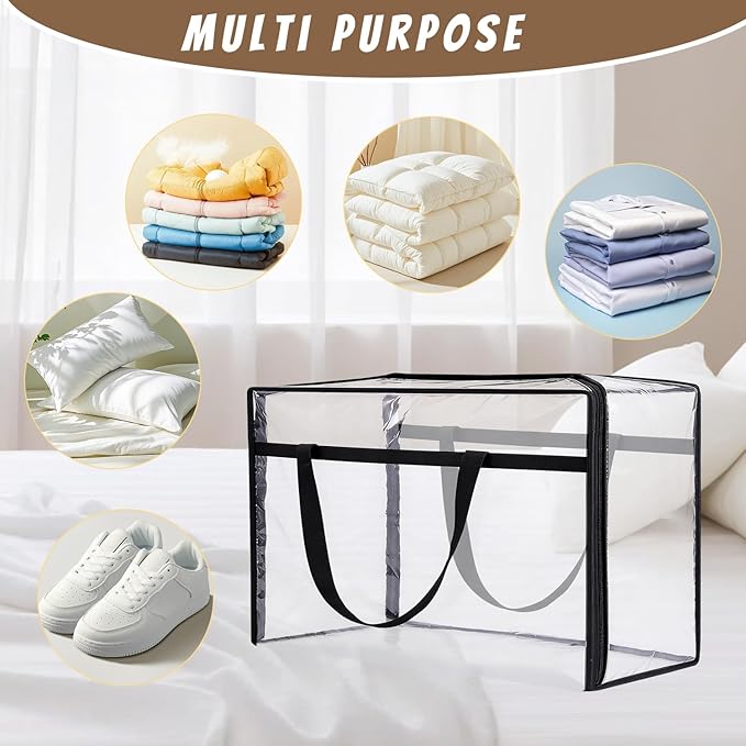 60L Clear Storage Bags Plastic Blanket Storage Bag Foldable Moving Organizers Containers with Zipper for Bedding Blanket Clothes Under Bed Holder - 4 Pcs
