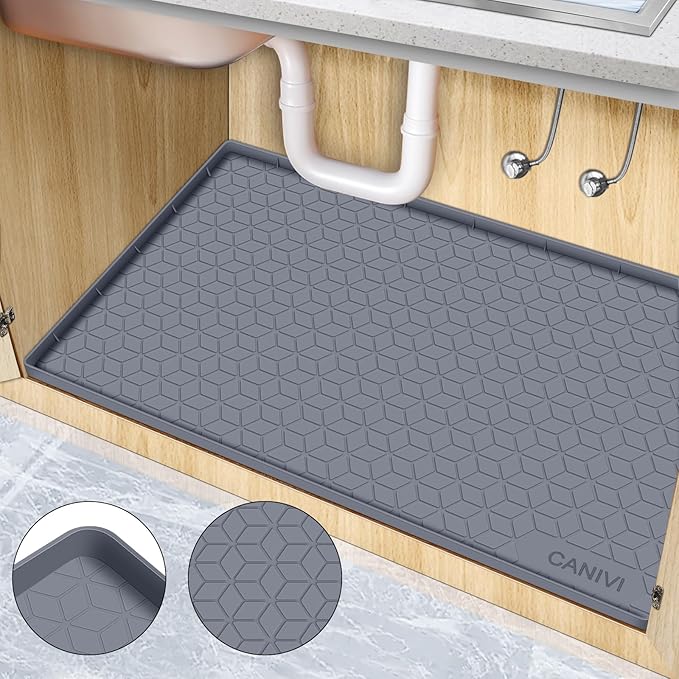 Under Sink Mat, 34" x 22" Waterproof Silicone Under Sink Tray for Kitchen & Laundry Cabinets, Kitchen Cabinet Shelf Protector, Up to 3.3 Gallons Liquid, Fits 36 inch Standard Cabinet(Grey)