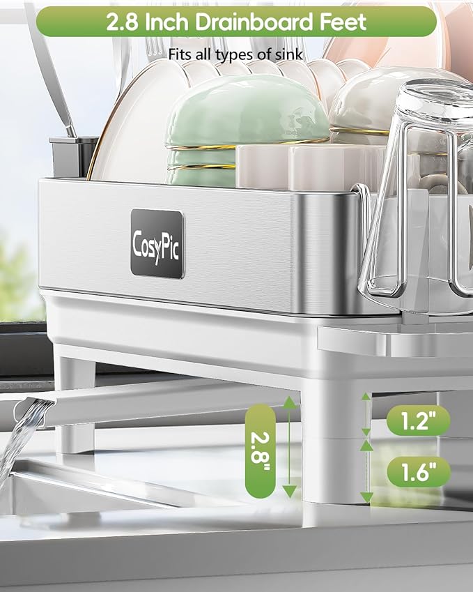 Dish Racks, Thicker Premium 304 Stainless Steel Dish Drying Rack for Kitchen Counter, Automatic Drainage Spout, Dish Drainer & Drainboard Set with Utensil Holder and Cup Holder, White