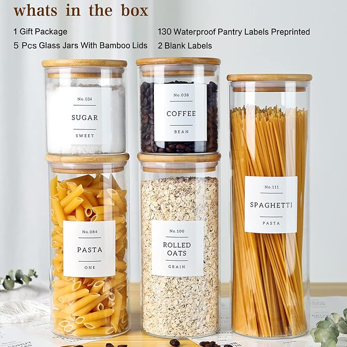 CZSZYGHBAO 5 Pack Glass Jars with Bamboo Airtight Lids - Stackable Food Storage Containers with 132 Pantry Labels - with Wood Lid for Candy, Cookie
