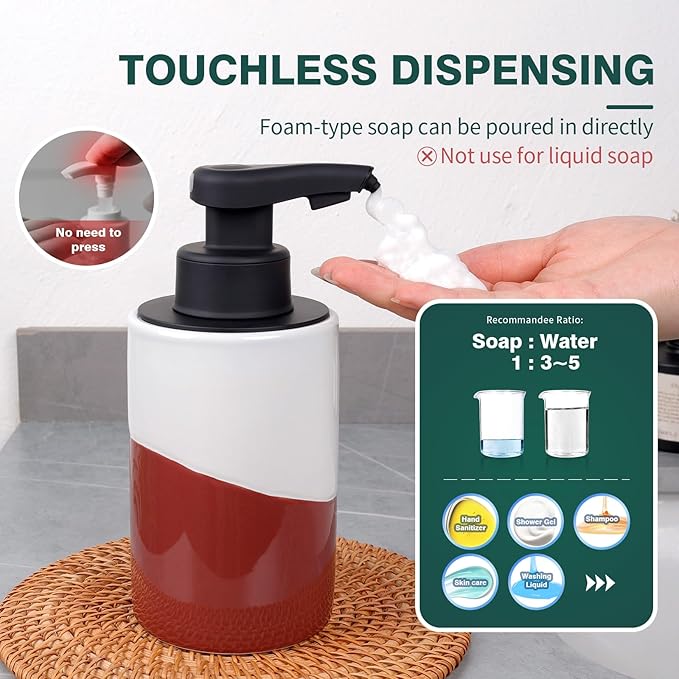 BosilunLife Automatic Soap Dispenser Ceramic Hand Free Soap Dispenser with Waterproof Pump Rechargeable Smart Electric Soap Lotion Dispenser Touchless for Kitchen Bathroom (White-Red, Foam Pump)