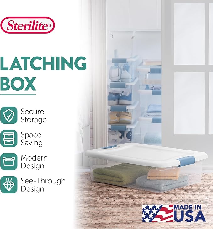 Sterilite 24-Pack Latching Box, Clear Plastic Under Bed Storage Bins with Lids, 32 Quart - Large Stackable Tote Organizer Containers for Closet, Bedroom, Bathroom, and Office Organization