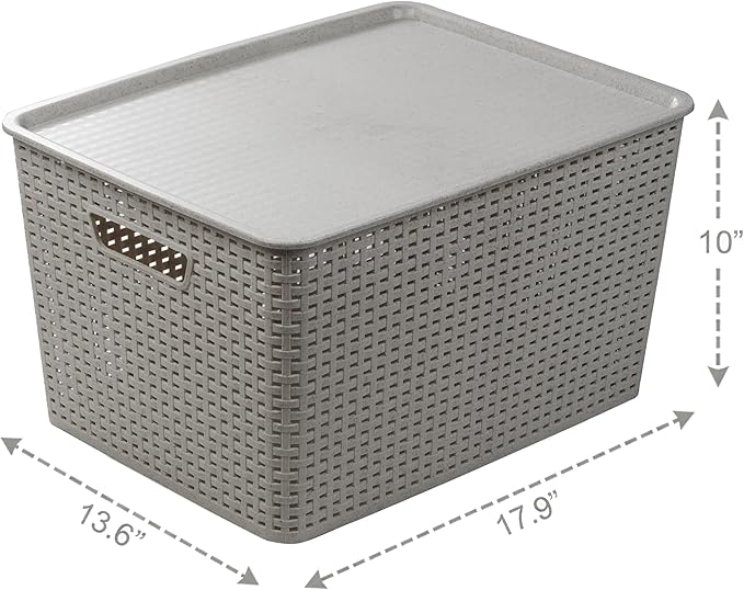 Plastic Storage Baskets with Lids, 33 Liter, 3 Pack, Natural Grey
