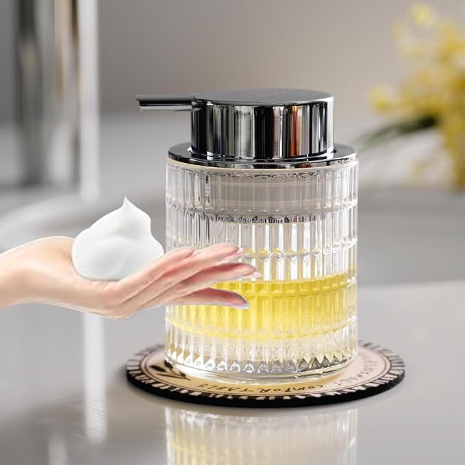 CICUFY Foaming Hand Soap Dispenser, Glass Foam Soap Dispenser or Lotion Dispenser for Kitchen & Bathroom Refillable Liquid Soap Dispenser with Large Silver Pump(Striped Pattern-Clear)