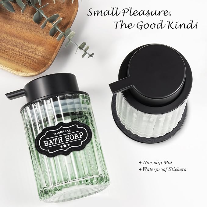 Amolliar Foaming Soap Dispenser, Plastic Pump & Glass Soap Bottle, Refillable 8OZ Hand Soap Dispenser, Dish Soap Dispenser for Kitchen, Bathroom Accessories Set, Home Decor Dispenser (Black 2 Pack)