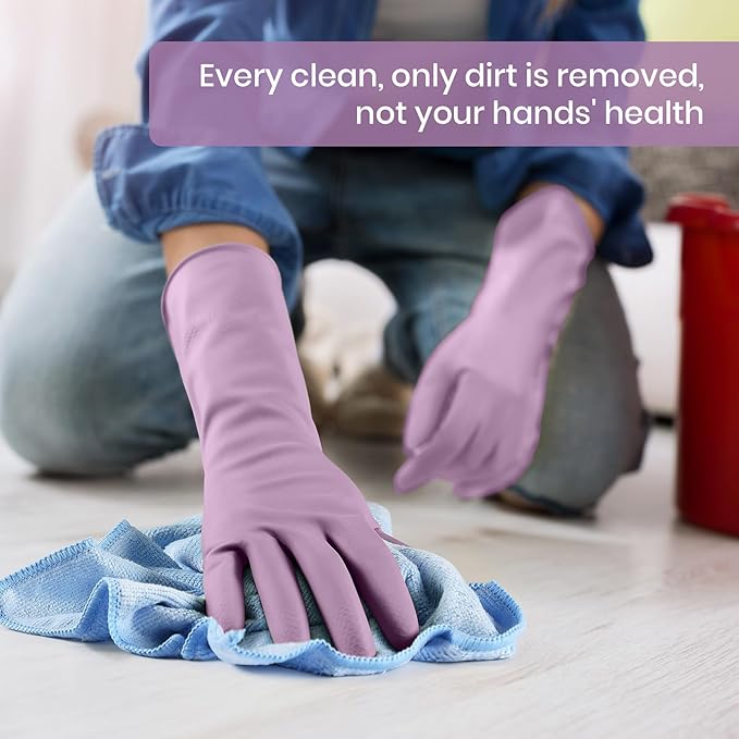 Rubber Cleaning Gloves for Dishwashing, 4 Pairs Reusable Kitchen Gloves for Washing Dishes and Household Cleaning, Purple Dish Gloves with Flocked Lining and Non-Slip Grip, Pefect for Woman Men - S