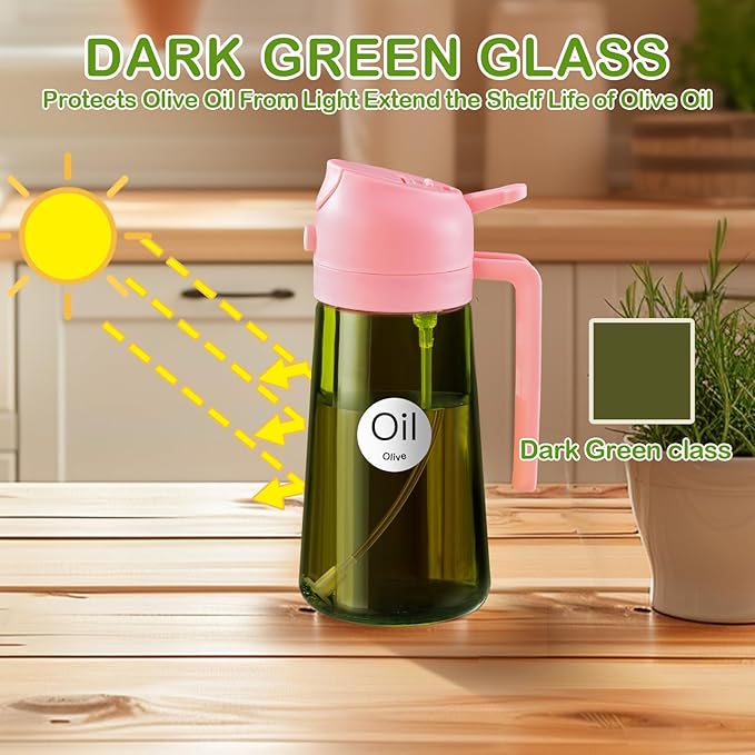 YARRAMATE 16oz/470ml Dark Green Oil Sprayer for Cooking with Stickers, Food-grade Premium 2 in 1 Olive Oil Dispenser Bottle for Kitchen Gadgets, Air Fryer, Salad, Frying, BBQ (Pink)