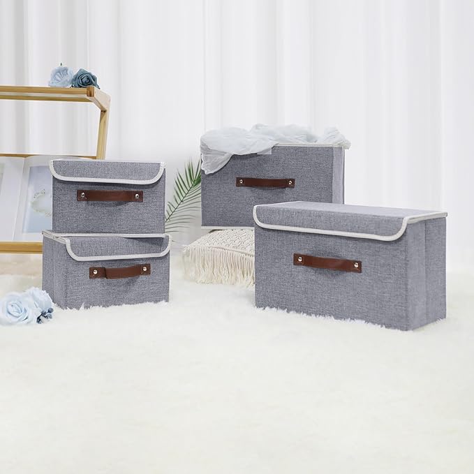 ANMINY 2PCS Storage Bin with Lid Storage Boxes with PU Leather Handles PP Plastic Board Decorative Foldable Lidded Cotton Linen Fabric Home Cubes