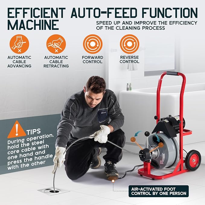 Albott 100 FT x 3/8 inch Electric Drain Cleaner Machine with Auto-Feed & 10 Cutters, Sewer Snake Auger for 1–4 Inch Pipes, Wheels & Foot Switch, Ideal for Home & Commercial Use, Gray/Red