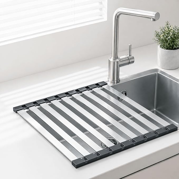 Roll Up Dish Drying Rack, 17.7" x 12.8" Over Sink Stainless Steel Rack, Foldable Heat-Resistant Dishes Drainer for Kitchen and RV Sink Counter (Black-17.7" x 12.8")