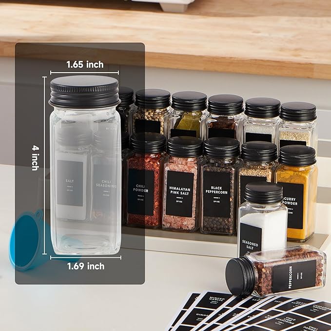 Skiileor 36 Pcs Spice Jars with Label- Glass Spice Jars with Black Metal Caps,Shaker Lids, Funnel, Chalk Pen