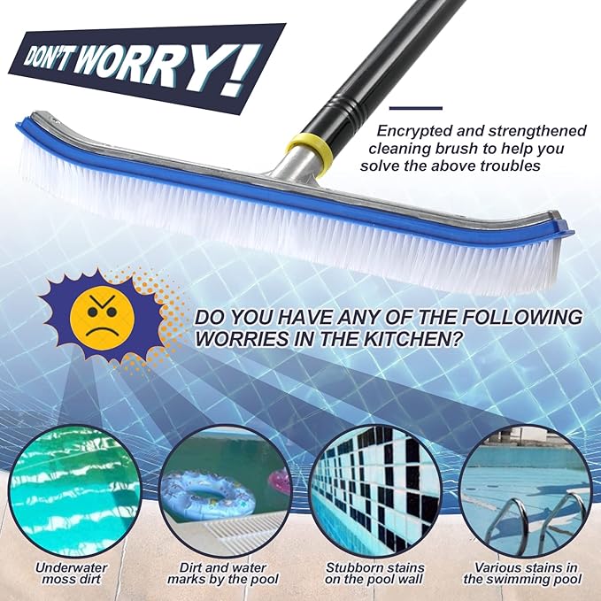 Pool Brush with Pole,4 FT Polished Aluminum Back Pool Scrub Brush Head Designed for Cleans Walls, Tiles & Floors, Nylon Bristles Algae Pool Brush Head with EZ Clips