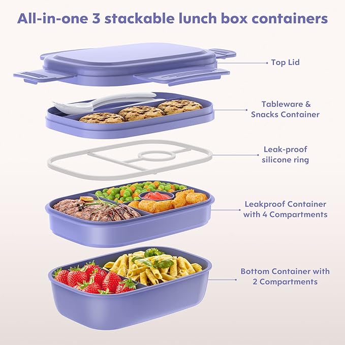 HOMETALL Stackable Bento Box for Adult Kids, Large Capacity 1900ml , Leak-Proof Lunchbox Containers with Utensil Set for Dining Out, Work, Picnic