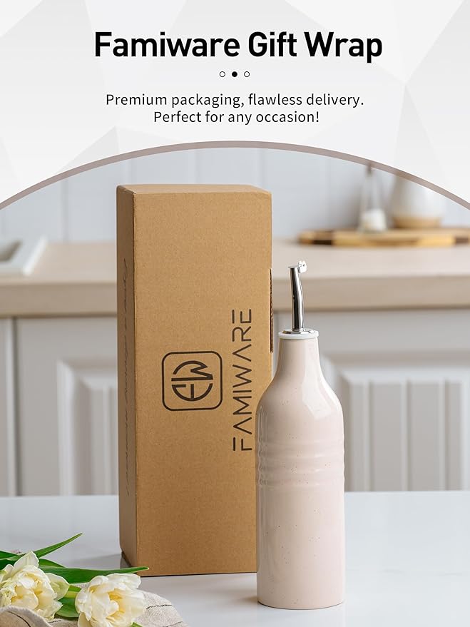 famiware Jupiter 16oz Ceramic Olive Oil Dispenser Bottle, 1 Piece Oil Dispenser for Kitchen with Stainless Steel Pourers, Suitable for Storage Vinegar, Soy Sauce, Coffee Syrup, Light Pink