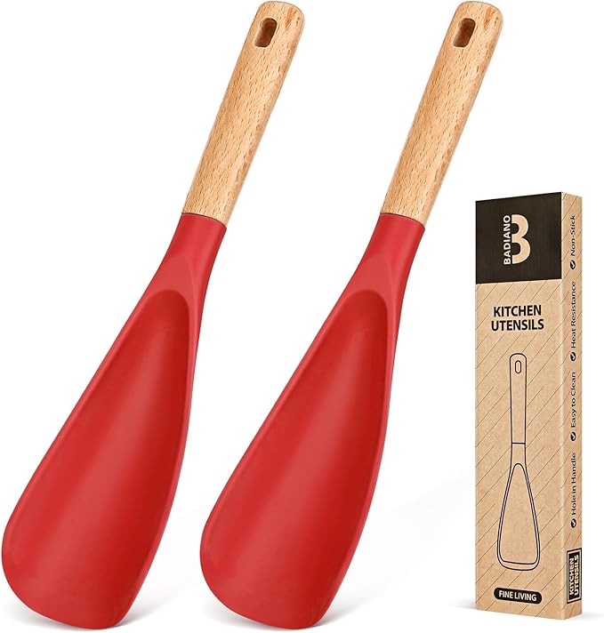 Cooking Spoon for Nonstick Cookwares, Great for Cooking and Serving Sturdy BPA-Free Matte Silicone, Wood Handle Spoon for Mixing, Scoop, and Scrape (2 Pack of Red, 11.4 inch)