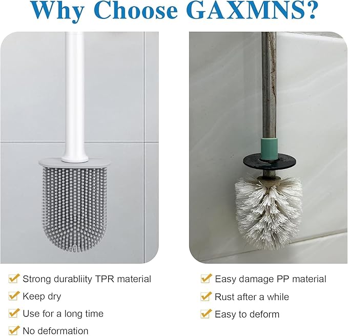 Silicone Toilet Brush and Holder Bendable Efficient Cleaning Wall Mounted Toilet Bowl Brush with Long Handle Brush Head and Silicone Bristles No Rusty