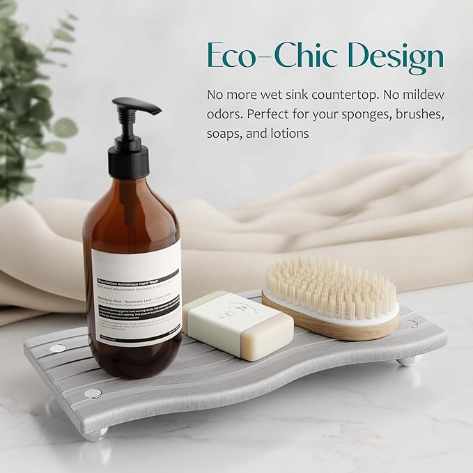 Water Absorbing Stone Tray for Sink, Diatomite Drying Stone for Kitchen Bathroom Counter, Decorative Raised-Feet Vanity Tray, Sink Caddy Organizer for Dish Soap & Sponge Holder [Grey, 9'' x 4'']