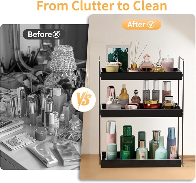 Bathroom Countertop Organizer, 3 Tier Metal Vanity Counter Skincare Shelf, Matte Black Under Sink Standing Rack With Acrylic Tray, Home Storage Holder For Lotion Makeup Cosmetics Perfume Spice